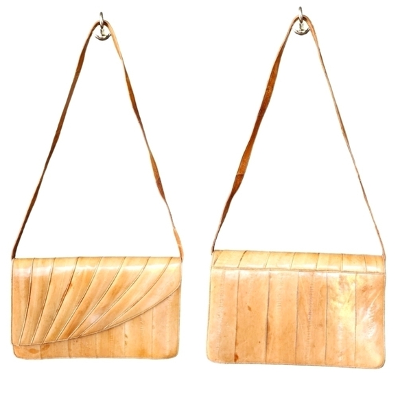 Vintage tan Eel skin leather purse handbag with long removable shoulder strap - Picture 4 of 14